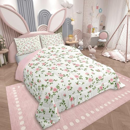 jejeloiu Pink Rose Flower Kids Comforter Set Full Size Cute Floral Bedding Set Botanical Duvet Quilt for Kids Boys Girls Bedroom Blossom Flowers Pattern Decor Microfiber Ultra Soft Breathable