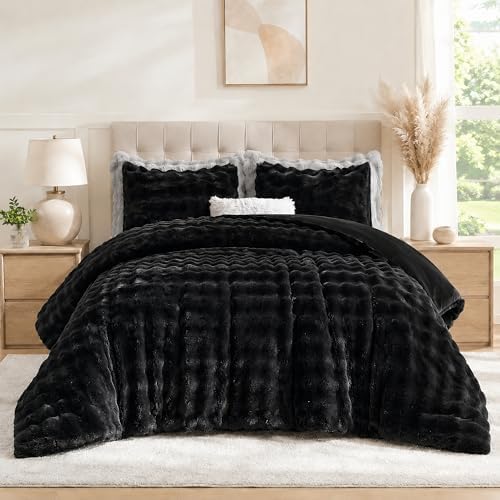 YIKUSH Queen Faux Fur Soft Comforter Set, Fluffy Black Rabbit Fur Comforter