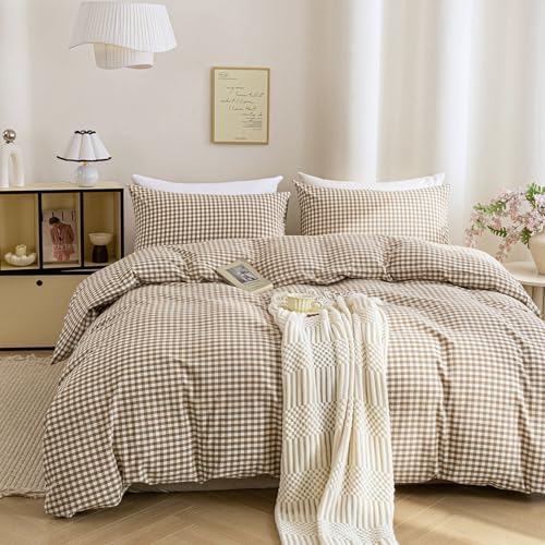 Mucalis Tan Gingham Duvet Cover King 100% Washed Cotton Beige Brown Plaid Checkered Duvet Cover Set Vintage 3 Piece Grid Bedding Set with Zipper Closure Corner Ties,Durable,Breathable,Easy Care
