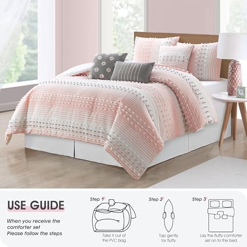 LANCO MODERN LIFESTYLE California King Comforter Set, Pink, Jacquard Clip Striped Design, Elegant Soft 7 Pieces Bedding Set for All Seasons, Matching Bedskirt, Pillow Shams and Decor Pillows