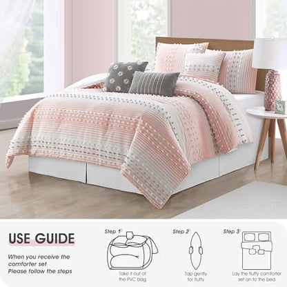 LANCO MODERN LIFESTYLE King Comforter Set, Pink, Jacquard Clip Striped Design, Elegant Soft 7 Pieces Bedding Set for All Seasons, Matching Bedskirt, Pillow Shams and Decor Pillows