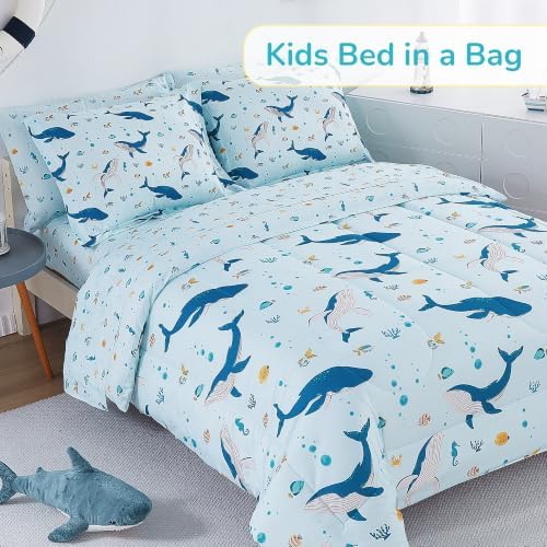 Viviland Kids Bedding Set Full Size Comforter Sets, Bed in Marine Whale Cover Set for Children