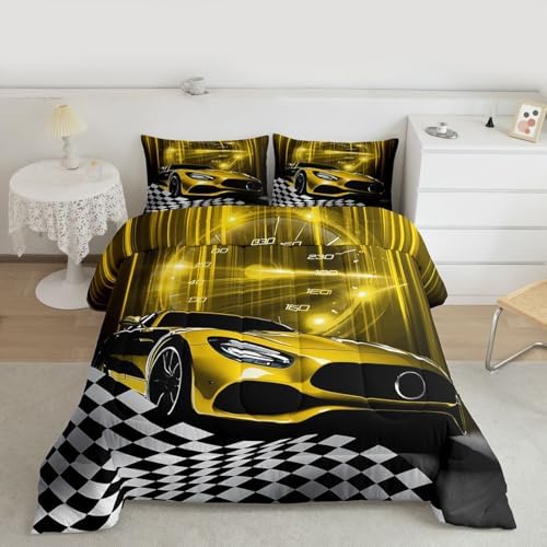 Erosebridal Yellow Race Car Queen Comforter Set for Teen Boys,Glitter Ombre Line Art Bedding Set Neon Light Sports Car Dashboard Quilt,Black and White Grid Lattice Buffalo Plaid Decor