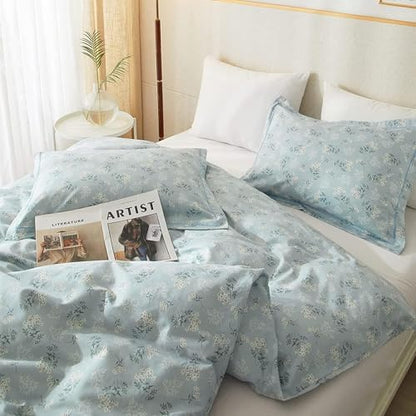 Garden Style Boho Floral Comforter Set Queen Size Fluffy Soft Botanical Blue Flowers Leaves Floral Bedding Comforter Set for Girls Women Vintage Flowers Comforter with 2 Pillowcases All Seasons