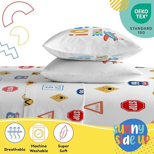 Sunny Side Up On The Go Full Sheet Set - 4 Piece Kids Bedding Set Includes Pillow Cover - Super Soft Vehicles Microfiber Sheets
