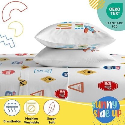 Sunny Side Up On The Go Full Sheet Set - 4 Piece Kids Bedding Set Includes Pillow Cover - Super Soft Vehicles Microfiber Sheets