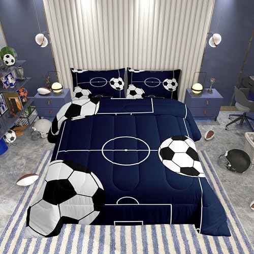 Castle Fairy Football Bed Comforter Set Queen Size,Kids Soccer Sports Theme Super Soft Microfiber Bedding Set for Boys Teens,Dark Blue Ball Gaming Comforter Set Bedroom Decor,2 Pillowcases