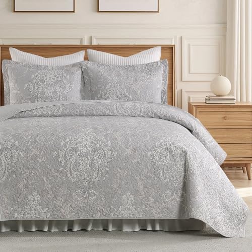 100% Cotton Quilt Set Queen Size, Classic Damask, Gray 90"x98"