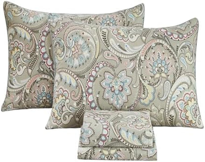 FADFAY Paisley Sheets Set Twin Vintage Floral Bedding Set 100% Egyptian Cotton Soft Breathable Bed Sheets Luxury 17.7“ Deep Pocket Fitted Sheet Shabby Beige Boho Style for All Season, Twin Size