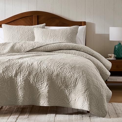 WDCOZY Beige 100% Cotton Quilt Queen Size Bedding Sets with 2 Pillow Shams, Floral Rosette Lightweight Bedspread Soft Farmhouse Patterned Coverlet Quilted Comforter Bed Cover for All Season, 3 Pieces
