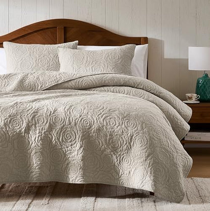 WDCOZY Beige 100% Cotton Quilt Queen Size Bedding Sets with 2 Pillow Shams, Floral Rosette Lightweight Bedspread Soft Farmhouse Patterned Coverlet Quilted Comforter Bed Cover for All Season, 3 Pieces