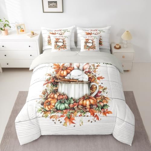 Erosebridal Autumn Rustic Farmhouse Twin Comforter Set 7 Piece Fall Rabbit Pumpkin Print Bed in A Bag with Sheets for Kids Boys Girls Adultsmaple Leaf Print Bedding Set Retro Bed Set