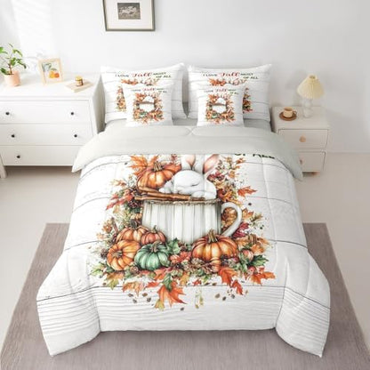 Erosebridal Autumn Rustic Farmhouse Twin Comforter Set 7 Piece Fall Rabbit Pumpkin Print Bed in A Bag with Sheets for Kids Boys Girls Adultsmaple Leaf Print Bedding Set Retro Bed Set