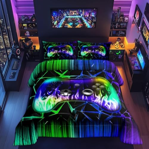 Castle Fairy Modern Gamepad Twin Size Comforter Set for All Seasons,Kids Reversible Gaming Bedding Set Teens Bedroom Decor,Green Blue Honeycomb Comforter Inner Fill with 1 Pillowcase