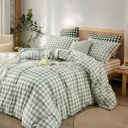 BESTOUCH Gingham Cotton Duvet Cover Set Sage Green Super King