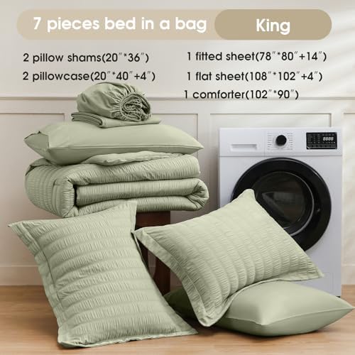 FreshCulture Comforter Set Seersucker 7 Pieces, All Season Bedding Set King, Bed in a Bag Comforter Set with 1 Comforter, 1 Flat Sheet, 1 Fitted Sheet, 2 Pillowcases and 2 Pillow Shams, Sage