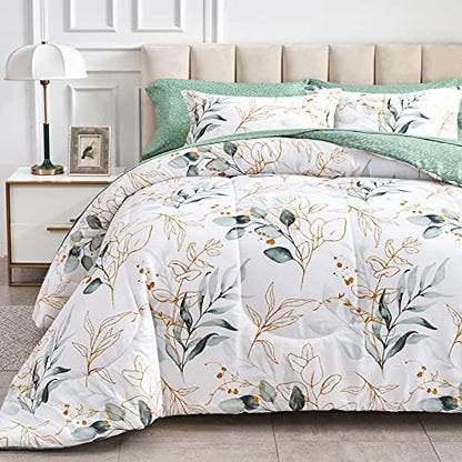 Joyreap 7 Piece Bed in a Bag King, Green Leaves Printed on White Botanical Design, Microfiber Comforter Set for All Season (1 Comforter, 2 Pillow Shams, 1 Flat Sheet, 1 Fitted Sheet, 2 Pillowcases)