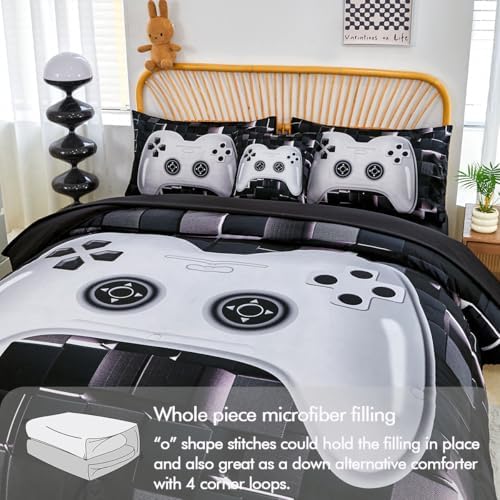 PERFEMET 6 Pcs Kids Bedding Sets for Boys Twin Size Black White Gamer Comforter with Sheet Set Soft Fluffy Gaming Bed Set Lightweight Comfy Game Bed in A Bag for All Season(White, Twin)