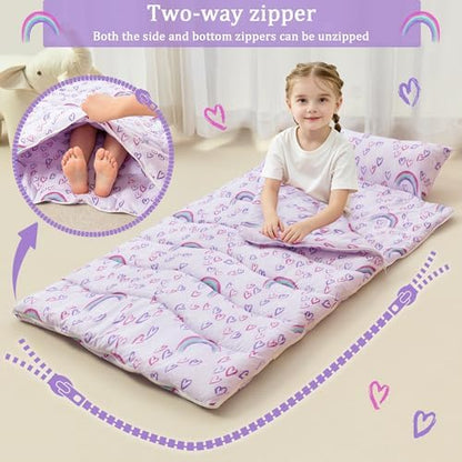Toddler Nap Mat for Preschool 50''x30'' Sleeping Mat with Removable Pillow and Minky Blanket for Kids Ages 3-7 Roll Up Soft Sleeping Bag for Boys Girls Kindergarten Daycare Sleepover