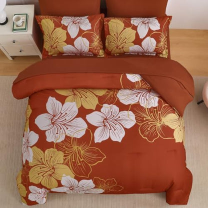 Burnt Orange King Size Comforter Set, 7 Pieces Fall Floral Bedding Set