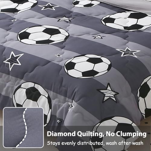 Boys Sports 7 Piece Soccer Comforter Set Twin Size 3D Football Playground Bedding Set for Kids Bed Set Gray(Comforter,Flat Sheet,Fitted Sheet and Pillow Sham)
