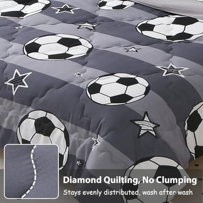 Boys Sports 7 Piece Soccer Comforter Set Queen Size 3D Football Playground Bedding Set for Kids Comforter Gray(Comforter,Flat Sheet,Fitted Sheet and Pillow Sham)