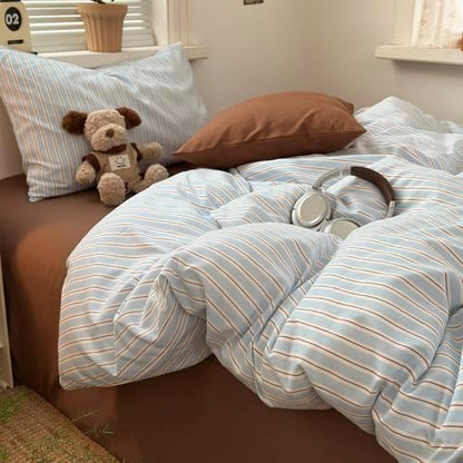mixinni Vintage Striped Full Duvet Cover Set, Washed Microfiber Coastal Bedding, Light Blue Brown Vertical Stripe Comforter Cover with Zipper & Corner Ties, (1 Duvet Cover + 2 Pillowcases)