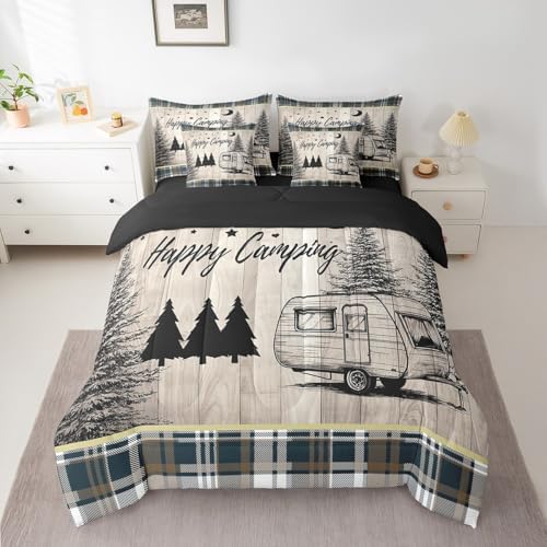 Erosebridal 7 Piece Happy Camping Twin Bedding Set,RV Bunk Camper Comforter Set with Sheets for Kids Adults,Travel Trailer Decor Vintage Rustic Cabin Farmhouse Quilt Bed Set with Fitted+Flat Sheet