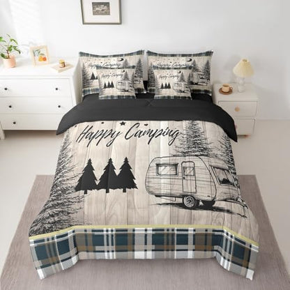 Erosebridal 7 Piece Happy Camping Twin Bedding Set,RV Bunk Camper Comforter Set with Sheets for Kids Adults,Travel Trailer Decor Vintage Rustic Cabin Farmhouse Quilt Bed Set with Fitted+Flat Sheet