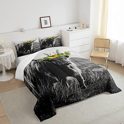 Highland Cow Comforter Set Adult Women Sunflower Cow Print Down Comforter Full Size for Boy Men Bull Cattle with Grey Fur Quilted Duvet Bedroom Decorative Wildlife Farmhouse Cow Bedding Comforters