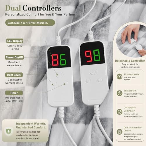 Grey Electric Blanket Heated Queen Size, 84"X90" Dual Control