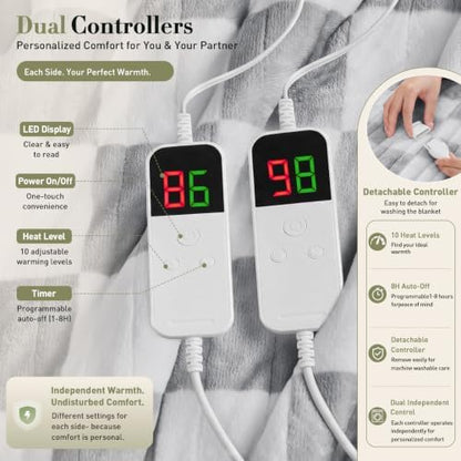 Grey Electric Blanket Heated Queen Size, 84"X90" Dual Control