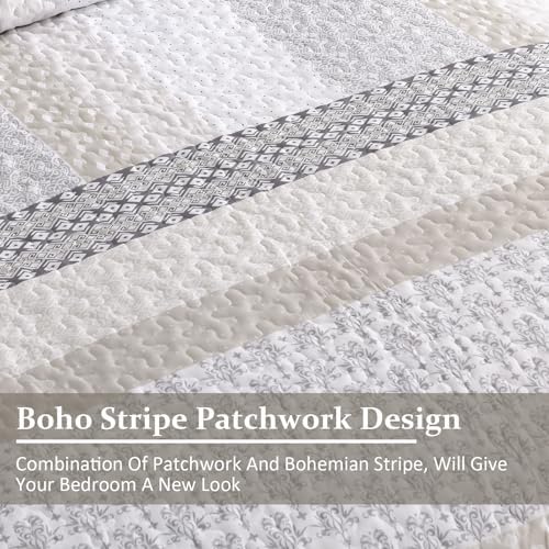 WONGS BEDDING Beige Quilt Queen Size, Boho Striped Bedspread