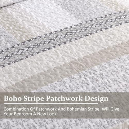 WONGS BEDDING Beige Quilt Queen Size, Boho Striped Bedspread