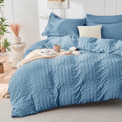 HYMOKEGE Mineral Blue California King Comforter Set Seersucker 7 Pieces, All Season Luxury Bed in a Bag for Bedroom, Bedding Set with Comforter, Sheets, Pillowcases & Shams