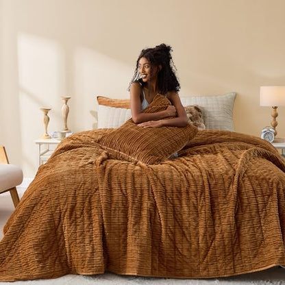 Wonderful Corduroy Texture Caramel Quilt Set Queen - Hypoallergenic Skin-Friendly Soft Plush Velvety Touch Bedspread, Classic Vertical Striped Lightweight Coverlet for All Season, 106"x94"