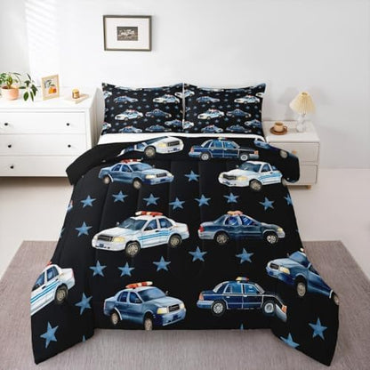 Erosebridal Police Car Comforter Set Toddler for Boys, Cartoon Car Bedding Set for Kids Teens Youth Men Bedroom, Policeman Vehicle Comforter, Star Black Quilt with 1 Pillowcase, 2 Pcs, Microfiber