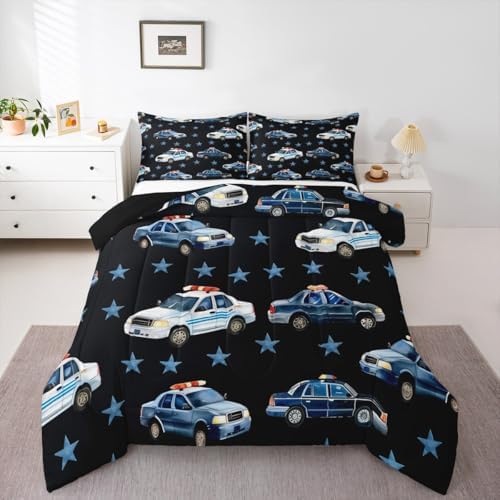 Erosebridal Police Car Queen Comforter Set for Boys, Cartoon Car Bedding Set for Kids Teens Youth Men Bedroom, Policeman Vehicle Comforter, Star Black Quilt with 2 Pillowcases, 3 Pcs, Microfiber