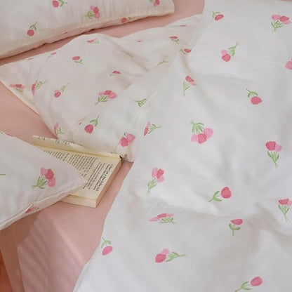 Floral Comforter Set Queen Size - 3 Pieces Pink White Floral Comforter Bedding Sets Tulips Pattern,Queen Bed in a Bag with Heart Comforter and 2 Pillowcases
