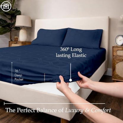 Threadmill 100% Cotton Sheets for Queen Size Bed - 600 Thread Count Queen Bed Sheets Set with 16” Deep Pocket - Jacquard Sateen Weave 4-Piece Bedding Set with Cooling Effect, Folkstone Blue