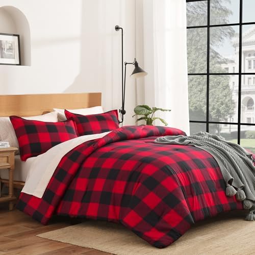 Andency Buffalo Plaid Comforter Twin, Red Black Checkered Gingham Grid