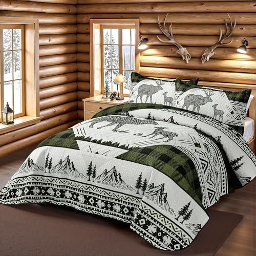 3 Piece Cabin King Size Quilt Sets Farmhouse Rustic Reversible Microfiber Soft Lightweight Bedspread Comforter with 2 Shams Patchwork Country Lodge Bedding Quilts Set for All Season, 106''x96'', Green