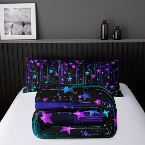 Nttopship Colorful Stars Comforter Set King Size,Galaxy Starry Printed Bedding Set for Men Women Adults,Colorful Stars Room Decor with Soft and Lightweight Comforter and 2 Pillowcases