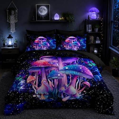 Nttopship Fantasy Mushrooms Comforter Set King,Galaxy Fantasy 7 Pieces Bedding Set for Teens Kids,Light Mushroom Bedding Set 7 Piece in A Bag，Mushroom Bed Comforters Bedding Sets for All Season