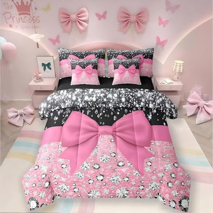 Pink Bowknot Bed in a Bag King Size Comforter Set 7 Pieces,Cute Bow Knot Bedding Set,Kawaii Silk Ribbon Sheet Set Glitter Sequin Print Diamond Bed Set,Dreamy Princess Style Pink Home Decor