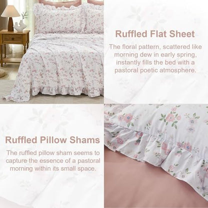 WONGS BEDDING 8PC Queen Comforter Set, Ruffle Comforter with Floral Sheets