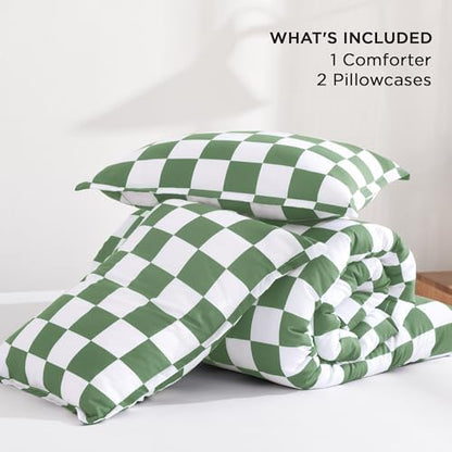 Andency Checkered Comforter Queen, Green White Gingham Plaid Bedding Set