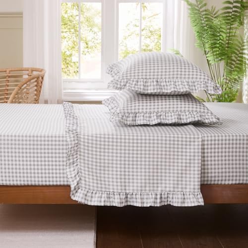 Gingham Twin Sheet Set, Lightweight Super Soft Brushed Microfiber Plaid Bed Sheets with 16" Deep Pocket, 3 Piece Ruffle Farmhouse Bedroom Decor, Gray