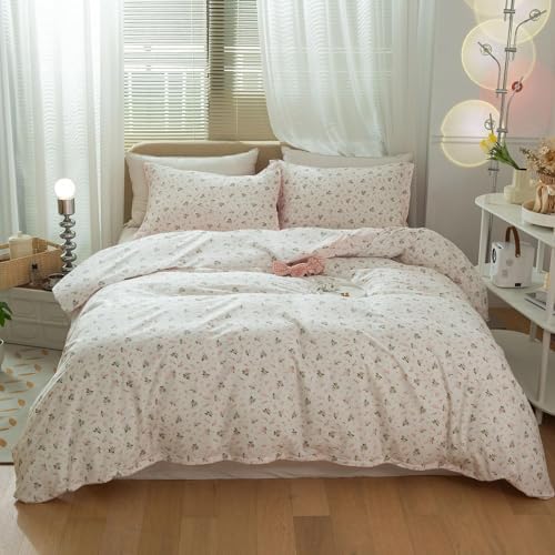 Girls Floral Comforter Set Twin XL Garden Flower Print Bedding Sets Soft Fluffy Vintage Pink White Floral Bedding Comforter Set Cottagecore Botanical Flowers Comforter with 2 Pillowcases Twin XL Size