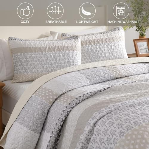 WONGS BEDDING Patchwork Quilt Set Full, Beige Bohemian Striped Bedspread